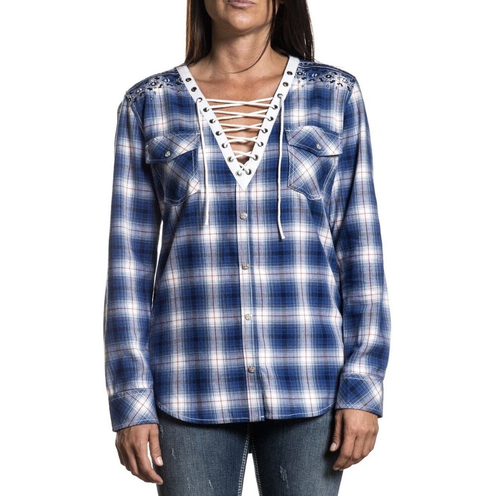 Affliction Women's Long Sleeve Button Down Shirt Crystal Vision Embroidered Sz L